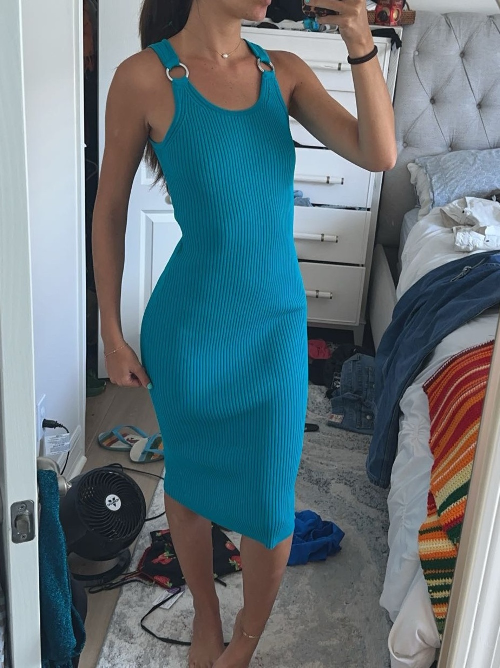 MICHAEL Michael Kors Teal Ribbed Midi Dress with Silver O Ring Straps